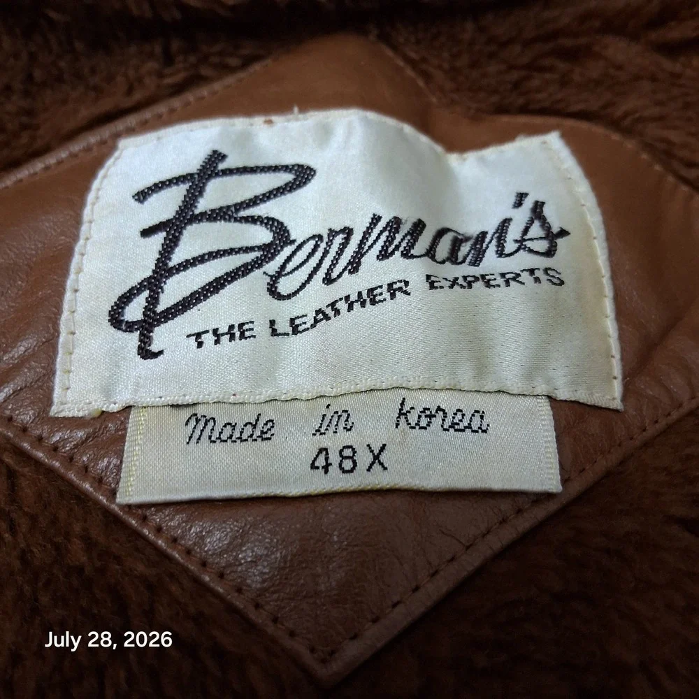 Vintage 80s Bermans Mens 48X Tan Leather Utility Bomber Removable Liner